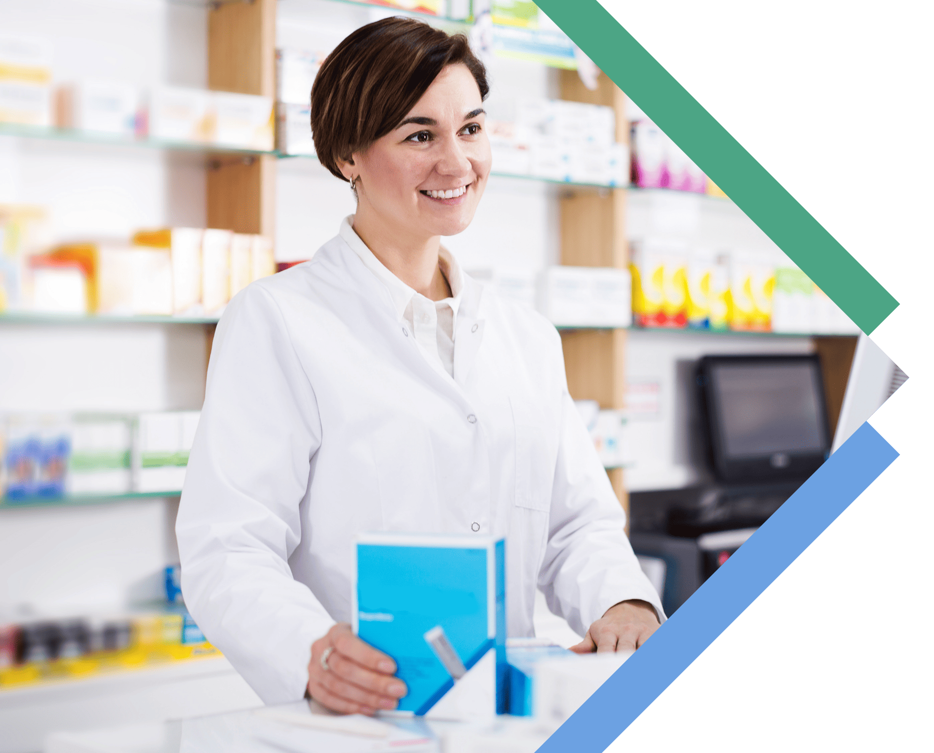 pharmacist smiling behind counter