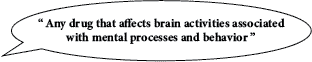 speech bubble with: "Any drug that affects brain activities associated with mental processes and behaviors"